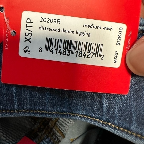 SPANX Distressed Denim Legging Medium Wash 20203R Pull On Stretch Raw Hem XS/PT - Picture 4 of 13